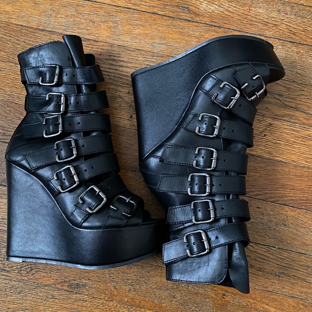 Black Goth multi-buckled open toe wedged shoe